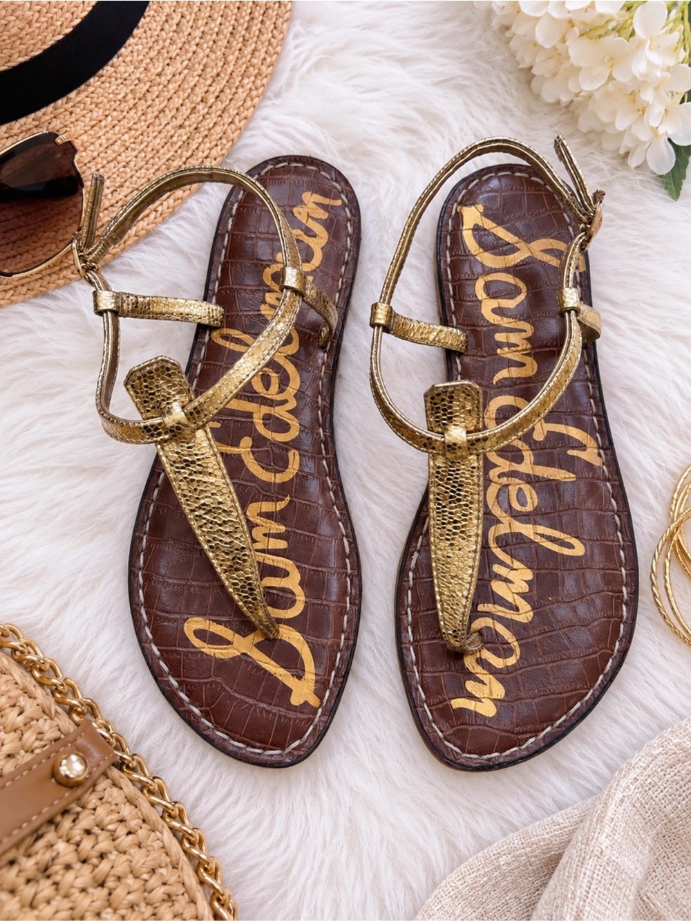 Gigi Metallic Gold Strappy T-Strap Sandals